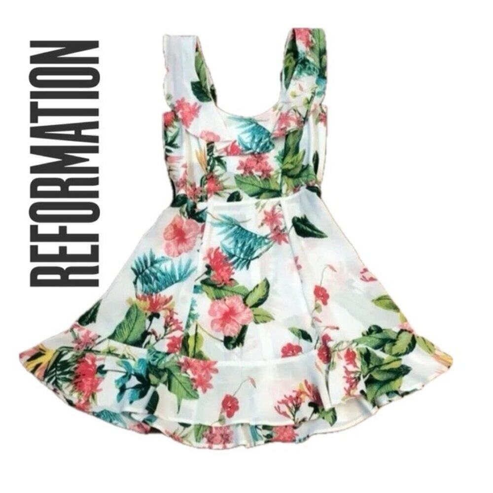 REFORMATION MINI DRESS PERLA RUFFLE SCOOP NECK TROPICAL‎ FLORAL Sz 4 COCONUTGIRL